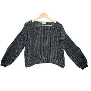 Rumor Boutique Womens Black White Knitted Long Zip Sleeve Semi Crop Sweater Sz M